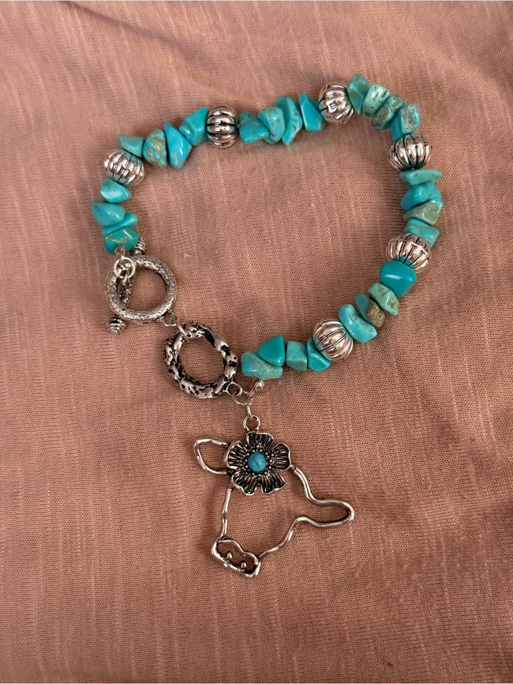Turquoise Bead Cow Charm Bracelet - Silver Accents